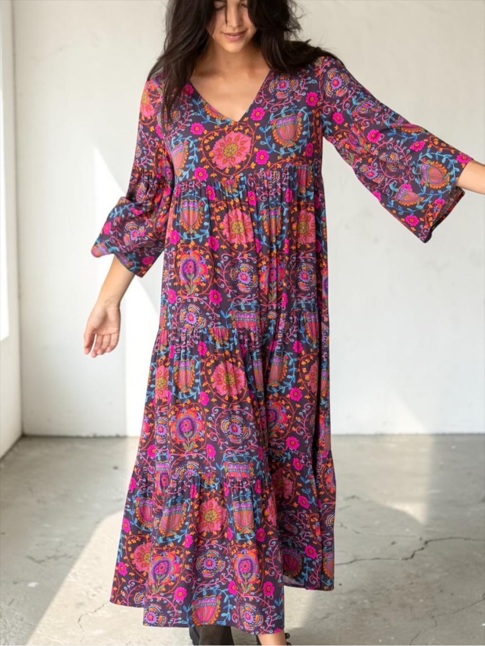 NATURAL LIFE Tiered CHARLOTTE Maxi Dress Black Printed Folk Circles XL